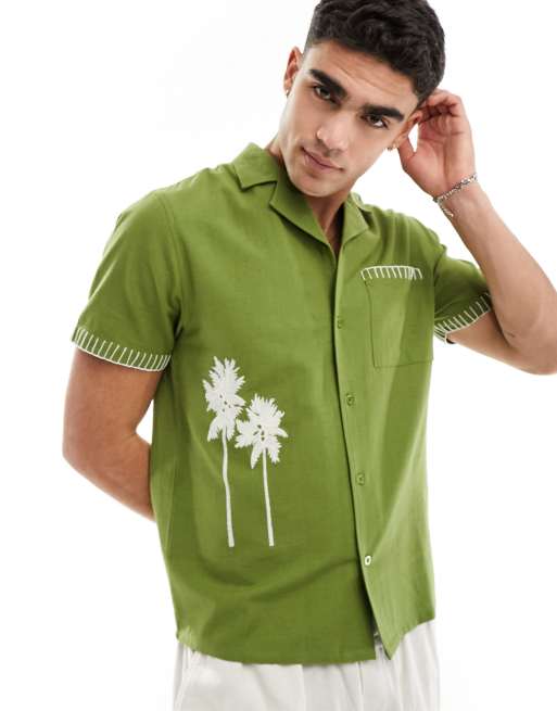 Another Influence linen mix embroidery camp collar shirt in green