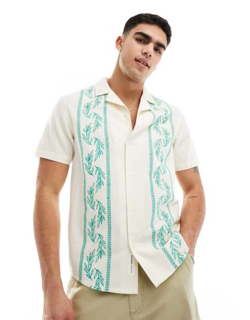 Another Influence linen mix embroidery camp collar shirt in off white