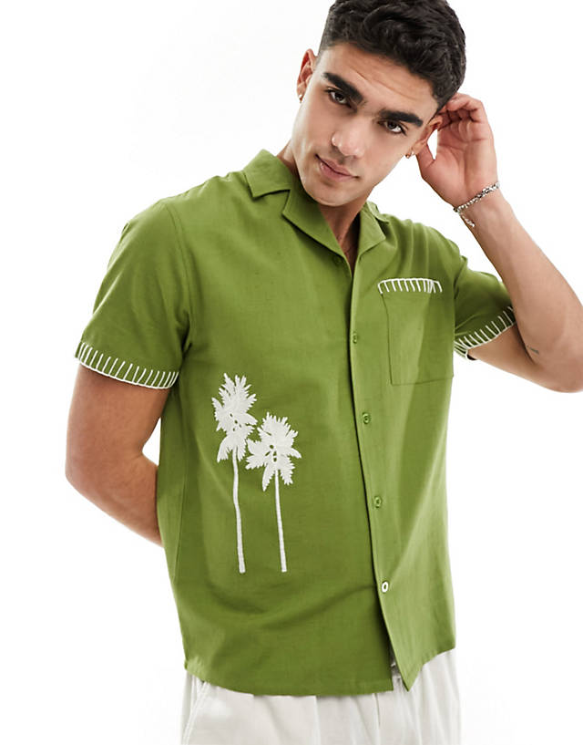Another Influence - linen mix embroidery revere collar shirt in green