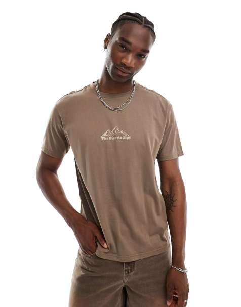 Another Influence – Ljusbrun, tvättad t-shirt med boxig passform och "Mountain Range"-text - view 1