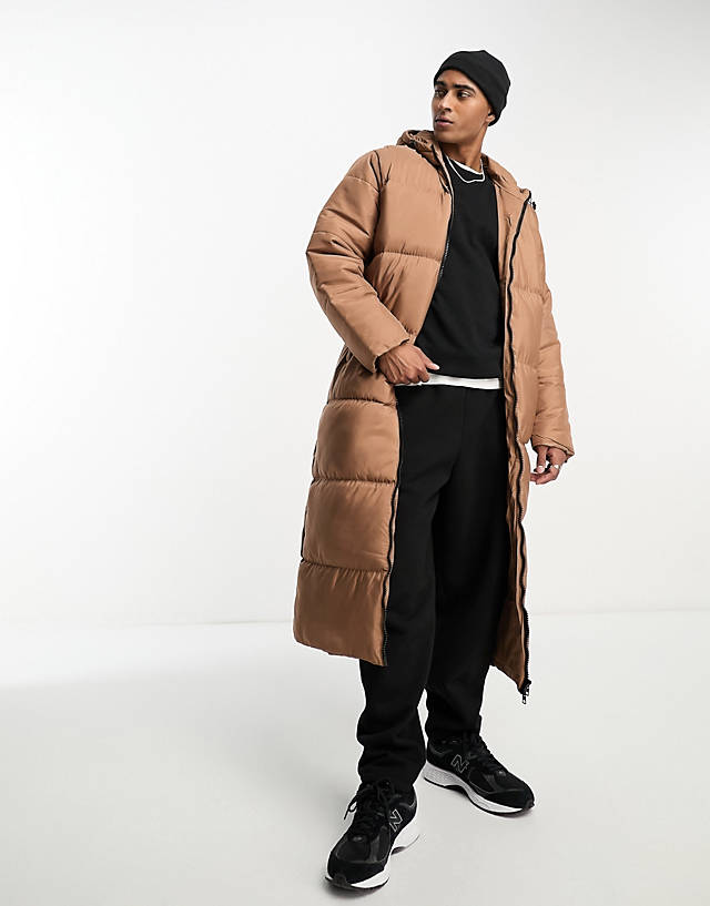 Another Influence - longline puffer jacket with hood in beige