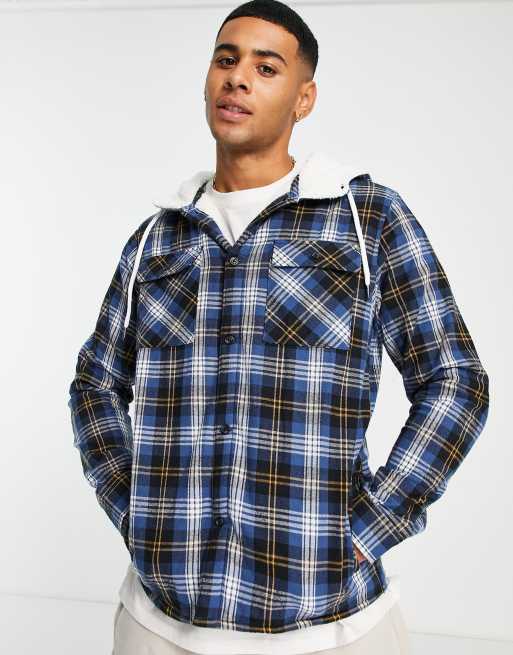 Another Influence – Marinblå rutig overshirt med fleecefoder och huva
