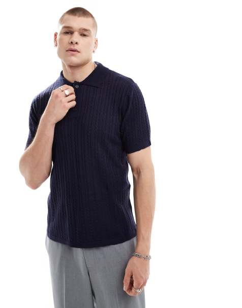 Another Influence - Marineblå poloskjorte i kabelstrik med knapper - view 1