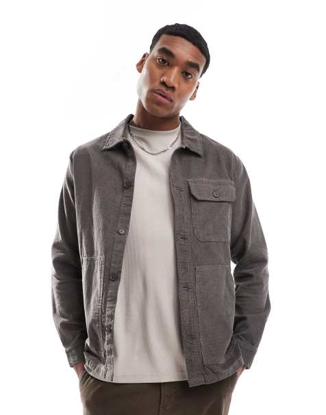 Another Influence micro cord utility overshirt in grey - view 1