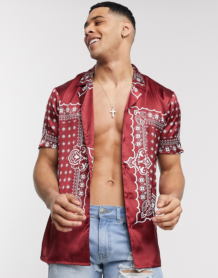 Another Influence – Mönstrad skjorta i satin med platt krage-Röd