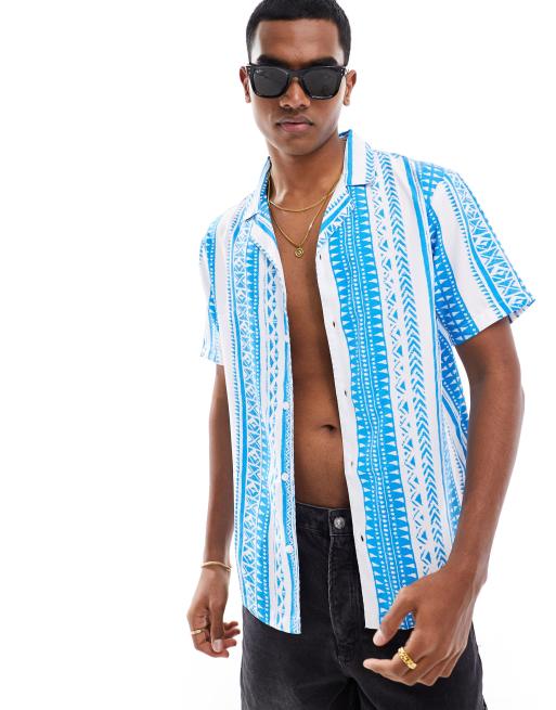Another Influence - Overhemd met korte mouwen, reverskraag en print in blauw