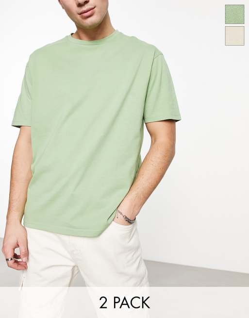 Another Influence - Pakke med 2 firkantede T-shirt i lysegrøn og beige