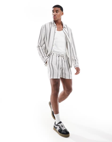 Another Influence - Pantaloncini allacciati in vita bianchi e grigio antracite a righe in coordinato - view 1