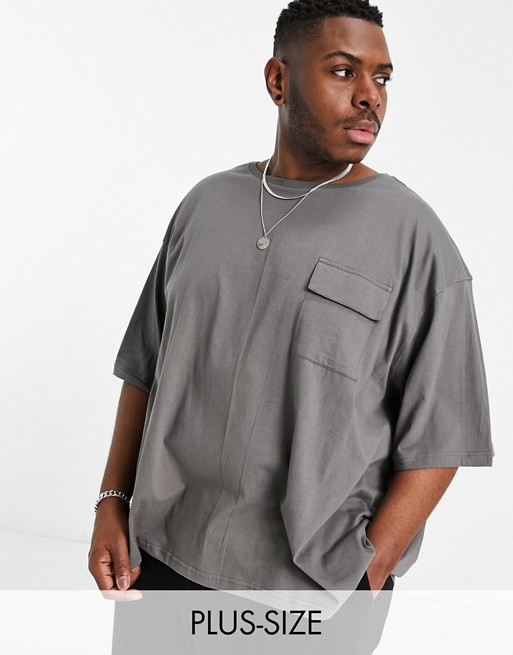 Another Influence Plus boxy fit t-shirt with cargo pocket in dark grey