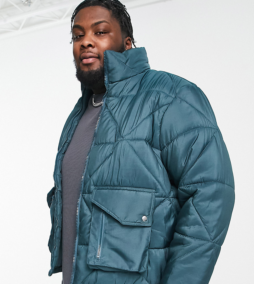 Plus diamond quilted puffer in teal-Green