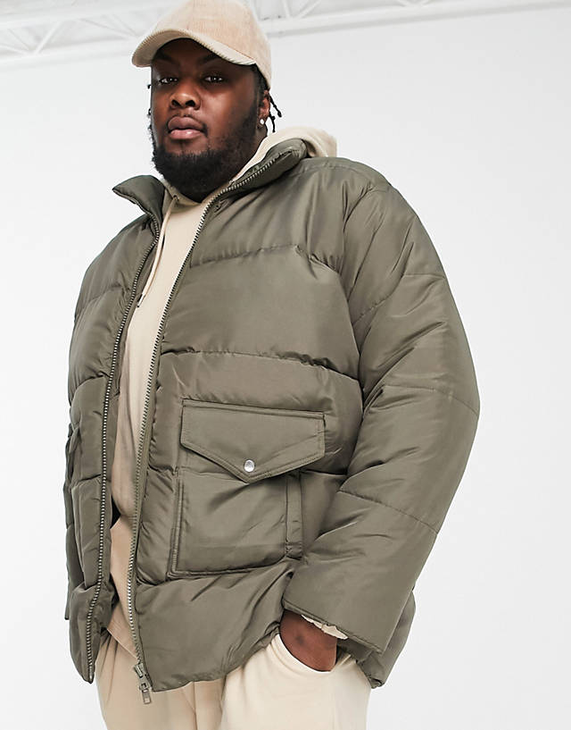 Another Influence - plus utility puffer jacket in khaki