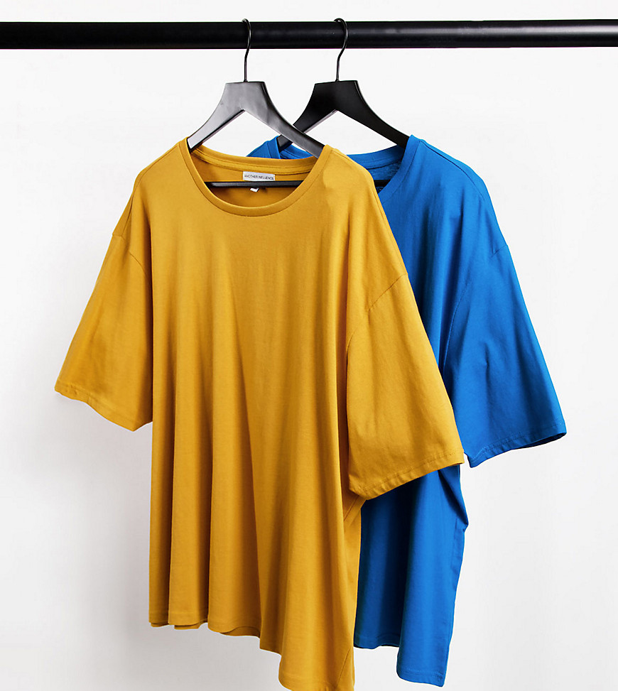 Another Influence – Plusstorlek – Sandfärgad och blågrön t-shirt med boxig passform, 2-pack-Olika färger