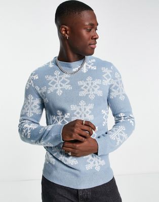 Another Influence snowflake Christmas jumper in blue - ASOS Price Checker
