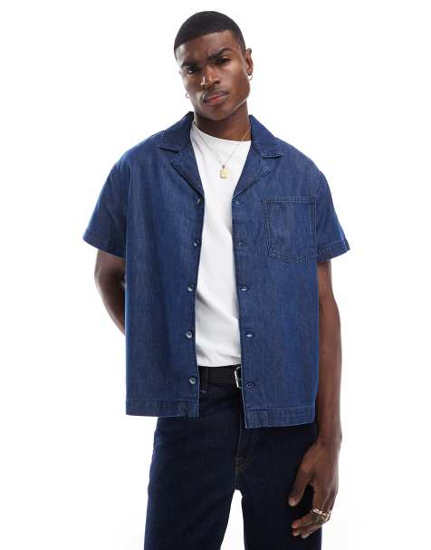 Another Influence revere collar boxy denim shirt in indigo blue