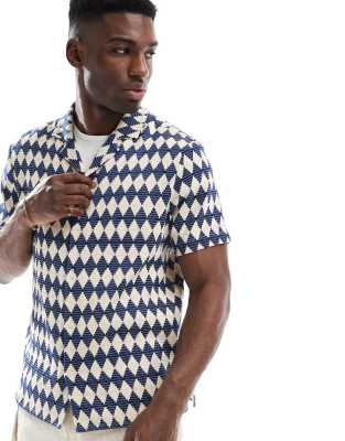 Another Influence Another Influence revere collar crochet shirt in navy and cream