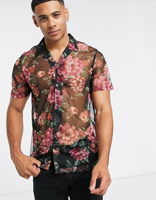 Another Influence revere collar shirt in sheer floral print