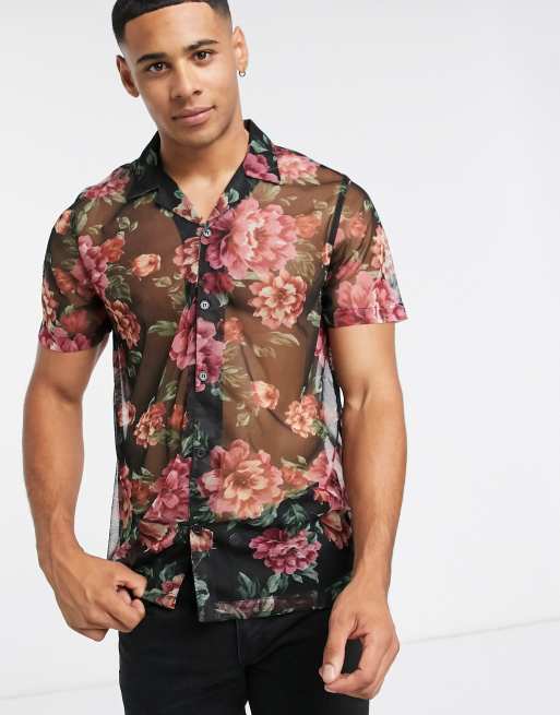 Mens Black and Pink Floral Shirt