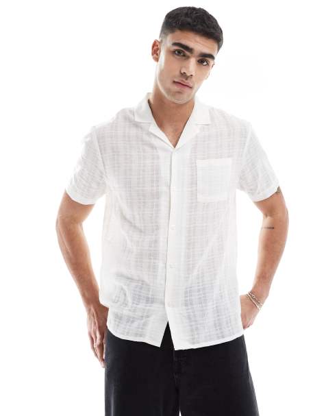 Another Influence revere collar textured short sleeve shirt in off-white - view 1