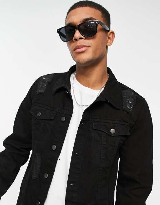 Black ripped hotsell jean jacket mens