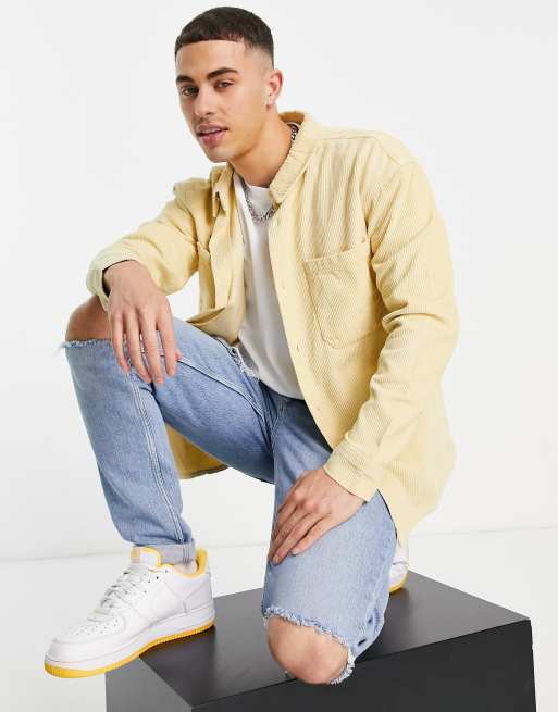 Another Influence – Sandfärgad overshirt i manchester med dubbla fickor