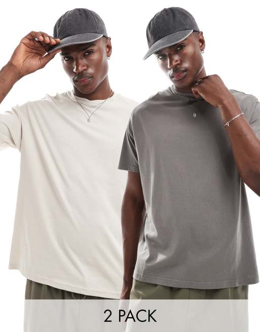Another Influence - Set van 2 boxy T-shirts in donkergrijs en stone