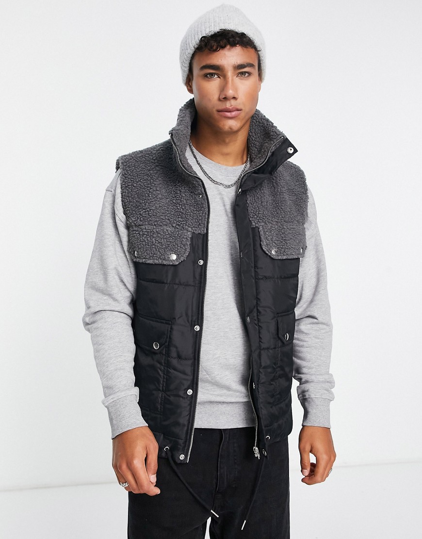 Another Influence sherpa & nylon vest in black-Gray