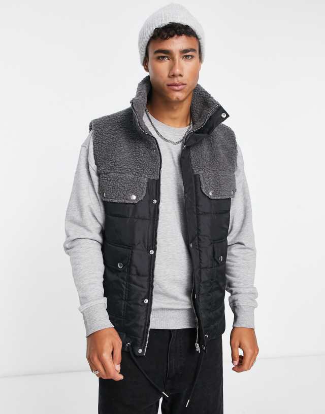 Another Influence sherpa & nylon vest in black