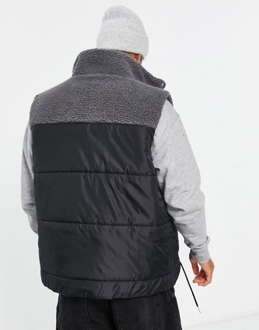 Another Influence sherpa & nylon vest in black