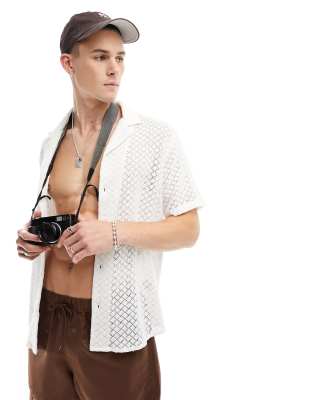 Another Influence Short Sleeve Lace Revere Collar Shirt In White In White