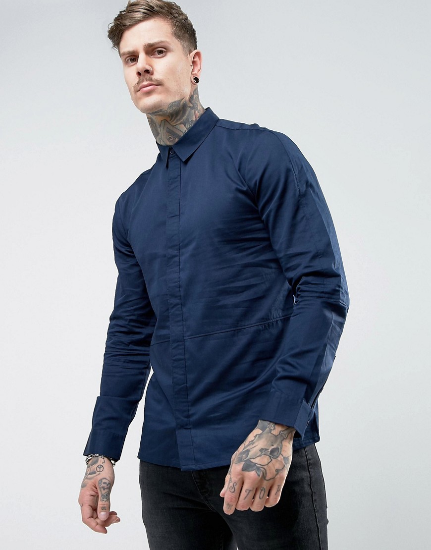 Another Influence – Skjorta med panel och smal passform-Marinblå