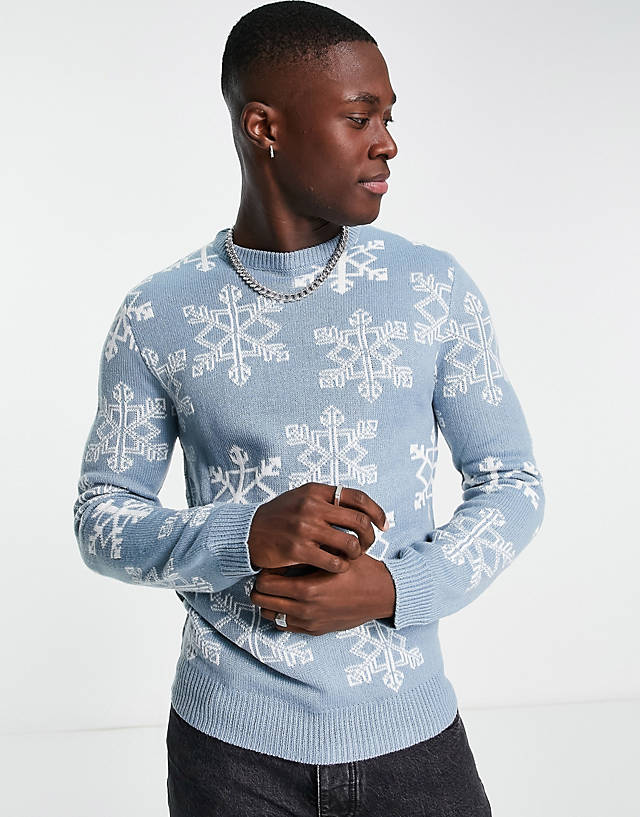 Another Influence - snowflake christmas jumper in blue