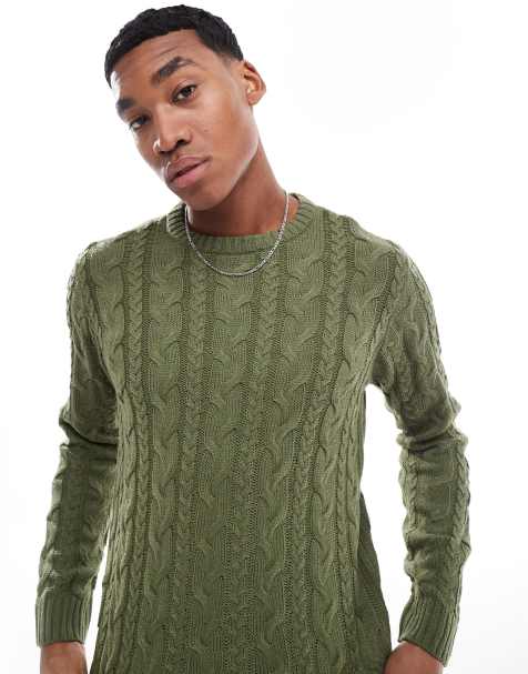 Another Influence – Strickpullover in Khakigrün mit Rundhalsausschnitt und Zopfmuster - view 1