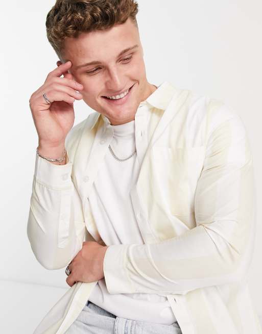 Another Influence stripe printed long sleeve shirt in stone