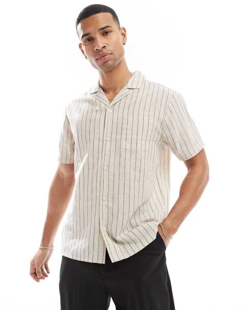 Another Influence striped linen look short sleeve shirt in sand and navy - view 1
