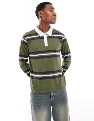 Another Influence Another Influence striped long sleeve polo shirt in khaki-Green