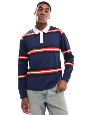 striped long sleeve polo shirt in navy