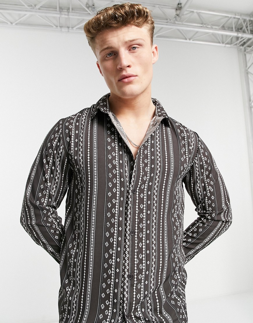 Another Influence striped printed dobby shirt in charcoal-Black