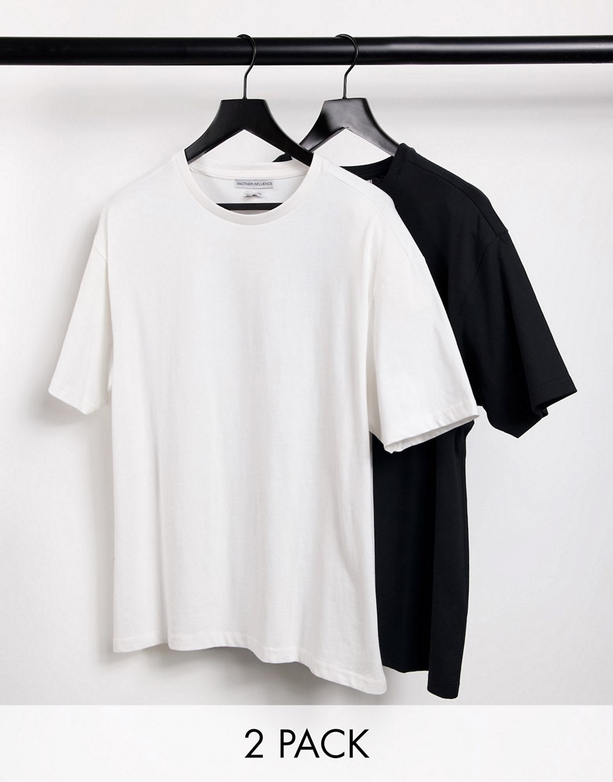 Another Influence – Svart och vit t-shirt i boxig passform, 2-pack-Olika färger