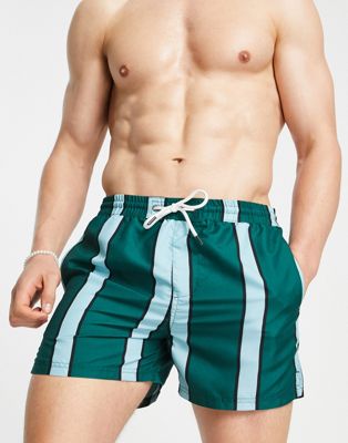 Another Influence swim shorts in green and blue stripes