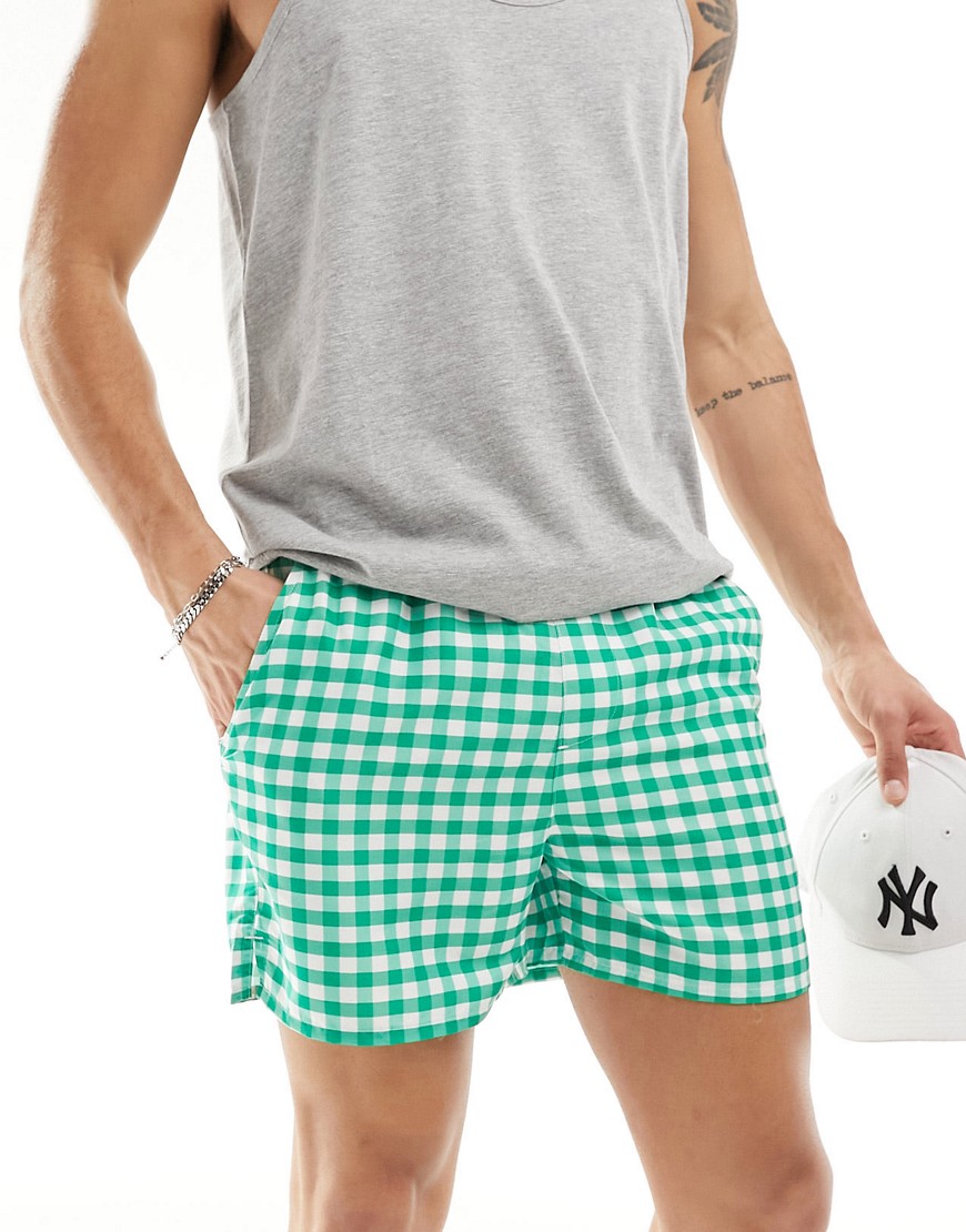 Another Influence Swim Shorts In Green Gingham In Brown