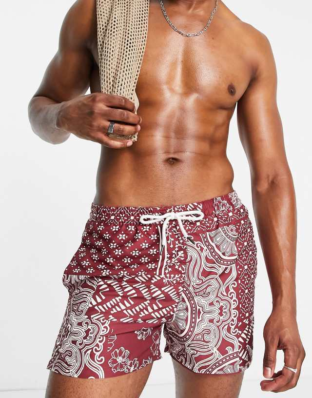 Another Influence swim shorts in red bandana print