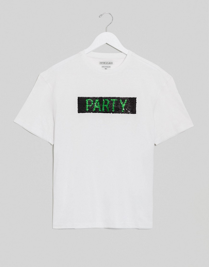 Another Influence - T-shirt con scritta Festival Party Or Animal e paillettes cangianti-Bianco