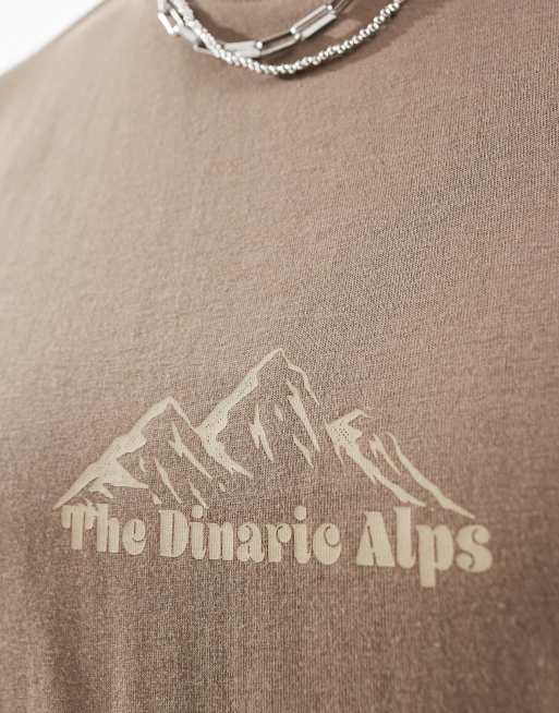 Another Influence - T-shirt coupe carrée à inscription et montagnes - Taupe délavé, 3 de 4