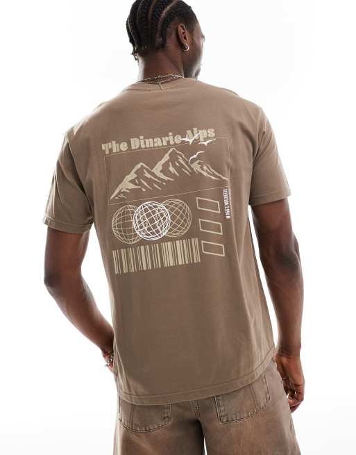 Another Influence - T-shirt coupe carrée à inscription et montagnes - Taupe délavé, 4 de 4