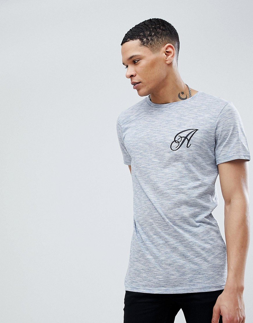 Another Influence – T-shirt i longline-modell med stretch, rundad nederkant och logga-Blå