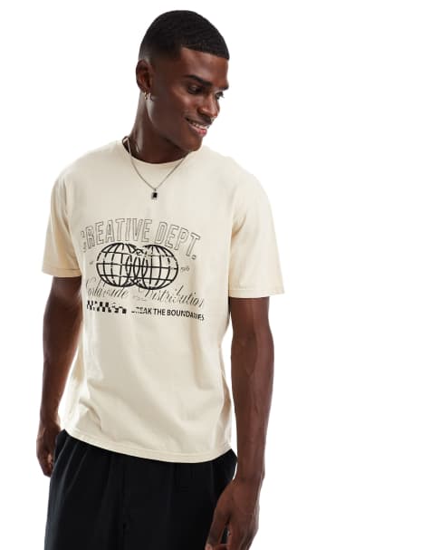 Another Influence - T-shirt met acid wash en grafische print in lichtbruin - view 1