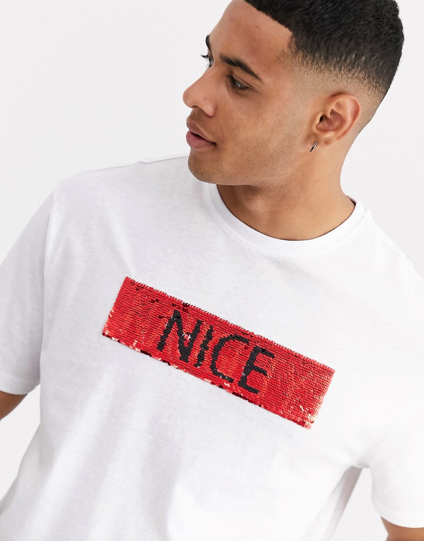 Another Influence - T-shirt natalizia con scritta naughty or nice di paillettes-Bianco