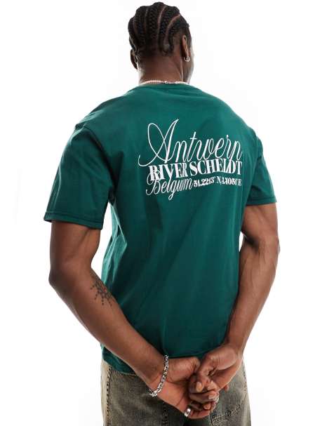 Another Influence - T-shirt squadrata oversize verde bosco con scritta "Antwerp" - view 1