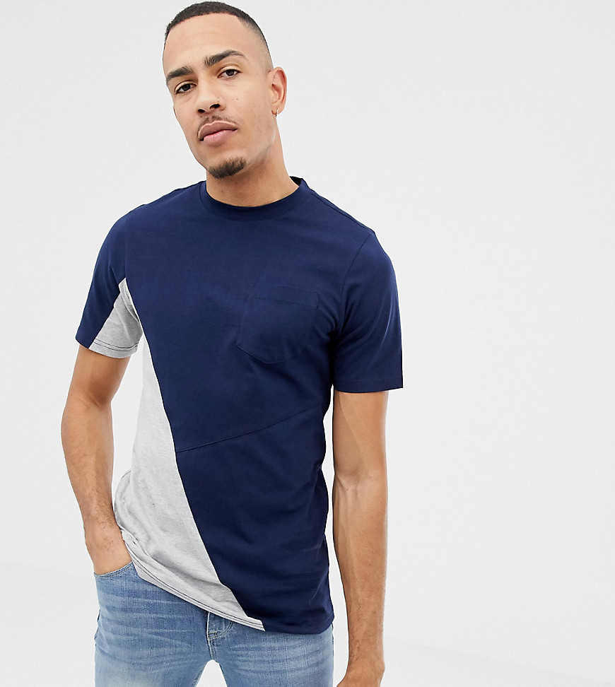 Another Influence - TALL - Diagonaal T-shirt met zakje-Marineblauw