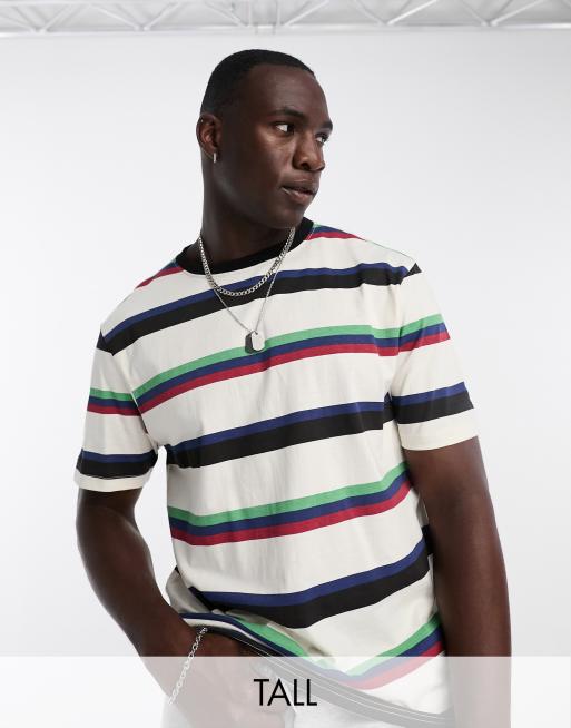 Another Influence Tall drop shoulder stripe t shirt in off white